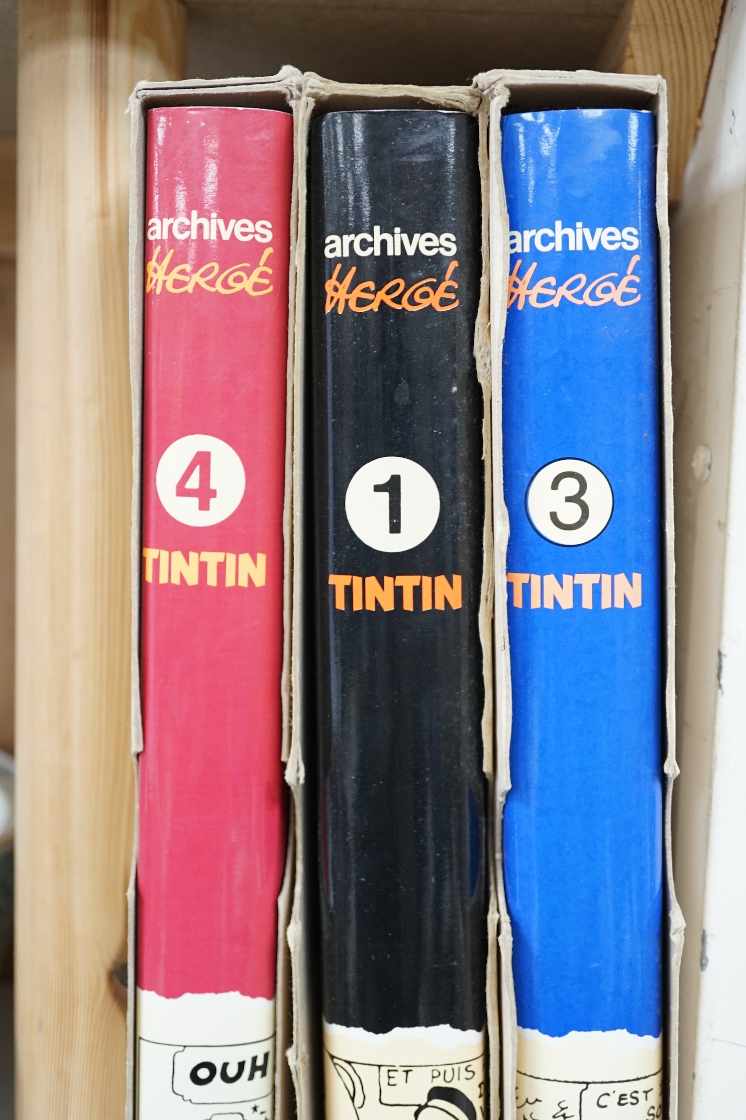 Casterman, Tintin ‘archives’, volumes: 1, 3 and 4, with folio covers and dust sheets, 24cm wide x 31cm high. Condition - fair